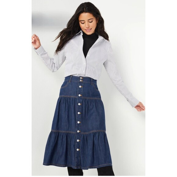 Time And Tru Ruffle Tiered Denim Skirt Women's 14 Blue Boho Farm Cottagecore EUC - Picture 1 of 9